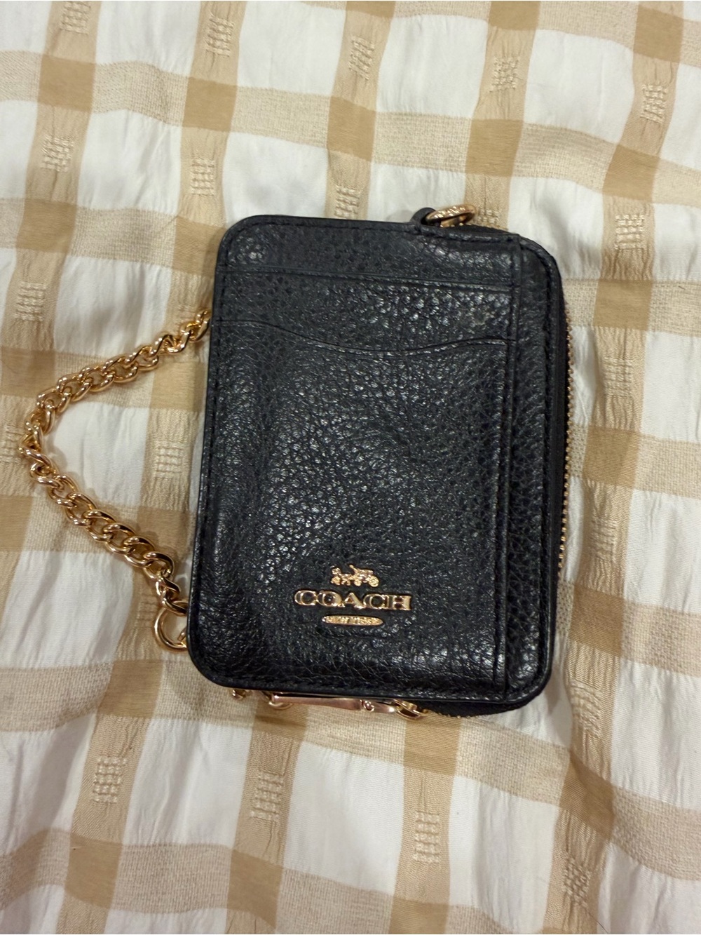 Coach Black Pebbled Leather Mini Card Wallet with Gold Chain